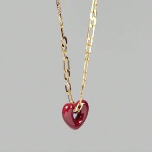 Ontre Stainless Steel 18K Gold Plated Red Enamel Heart Pendant Necklace
